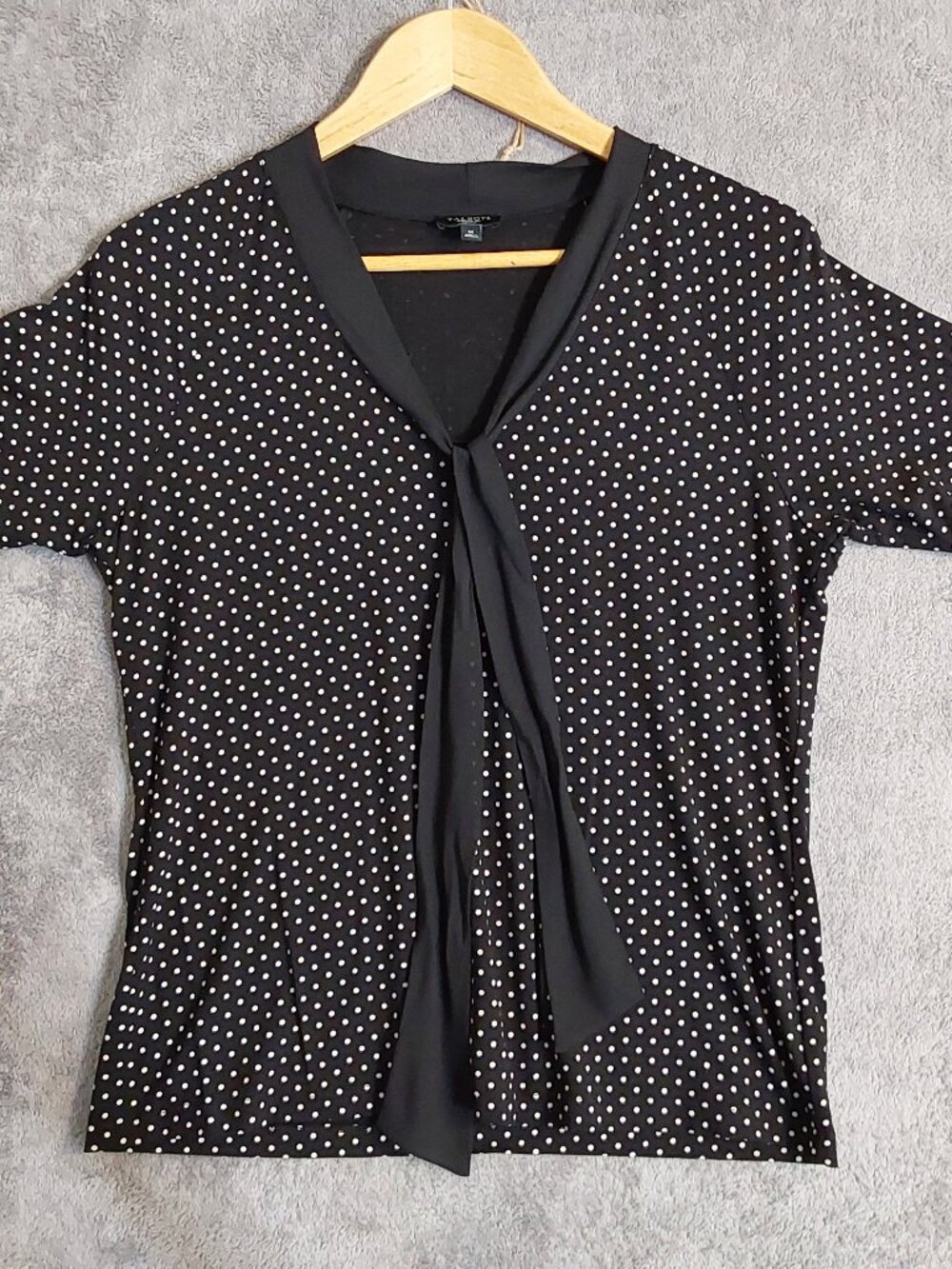 Talbots Petites Blouse M Black White Polka Dot Tie Neck Short Sleeve Career
